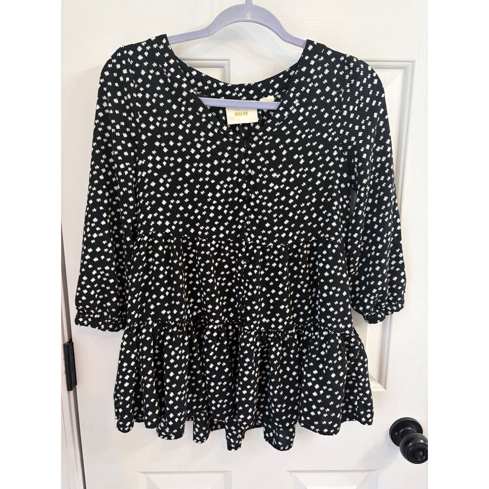 Maeve Anthropologie Lila Tiered Black White Polka Dot Blouse Size XS